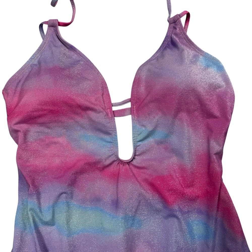 NWT New $ 114 BCBGeneration Glitter Tie Dye Double Strap Keyhole Swimsuit Size L - Picture 4 of 9
